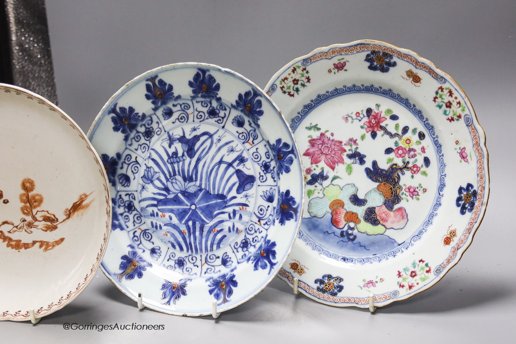 Three Chinese porcelain plates or dishes, largest diameter 23cm